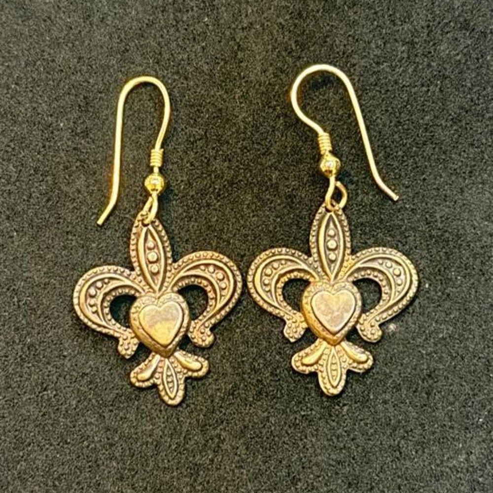 Fleur de Lis Dangle Drop Earrings with Heart Center